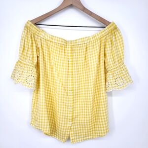Old Navy Womens Gingham Top Size S Yellow White Eyelet Sleeves Americana Summer